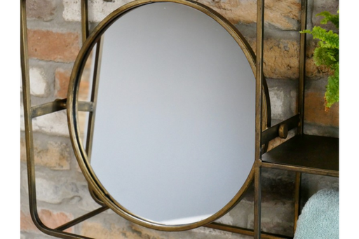 Shelving Round Wall  Mirror, Metal Frame, Aged Gold