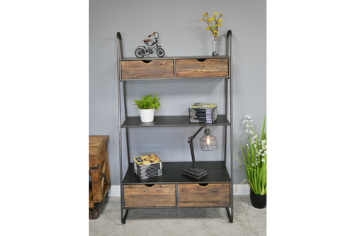 Rustic Floor Shelf, Rectangular, Metal Frame, Natural Wooden 4 Drawers, 1 Wooden Shelf