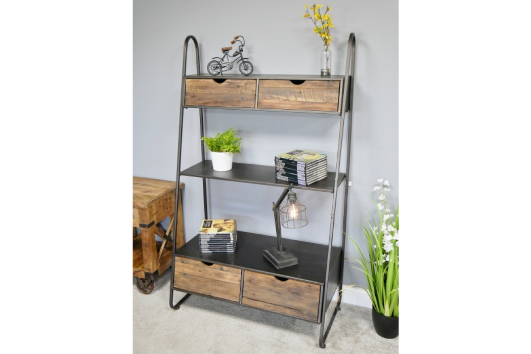 Rustic Floor Shelf, Rectangular, Metal Frame, Natural Wooden 4 Drawers, 1 Wooden Shelf