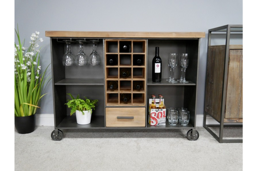 Retro Style Wine Cabinet, Drinks Cabinet, Wood Shelve, Black Metal, Wheels