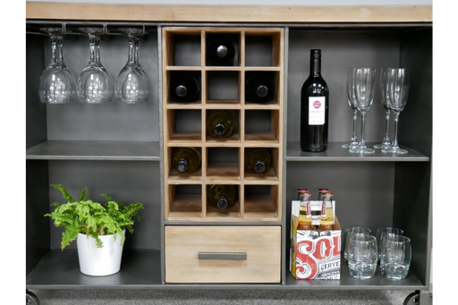 Retro Style Wine Cabinet, Drinks Cabinet, Wood Shelve, Black Metal, Wheels