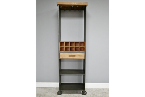 Retro Tall Wine Cabinet, Drinks Cabinet, Lockable Wheels, Wooden Shelve, Metal Frame