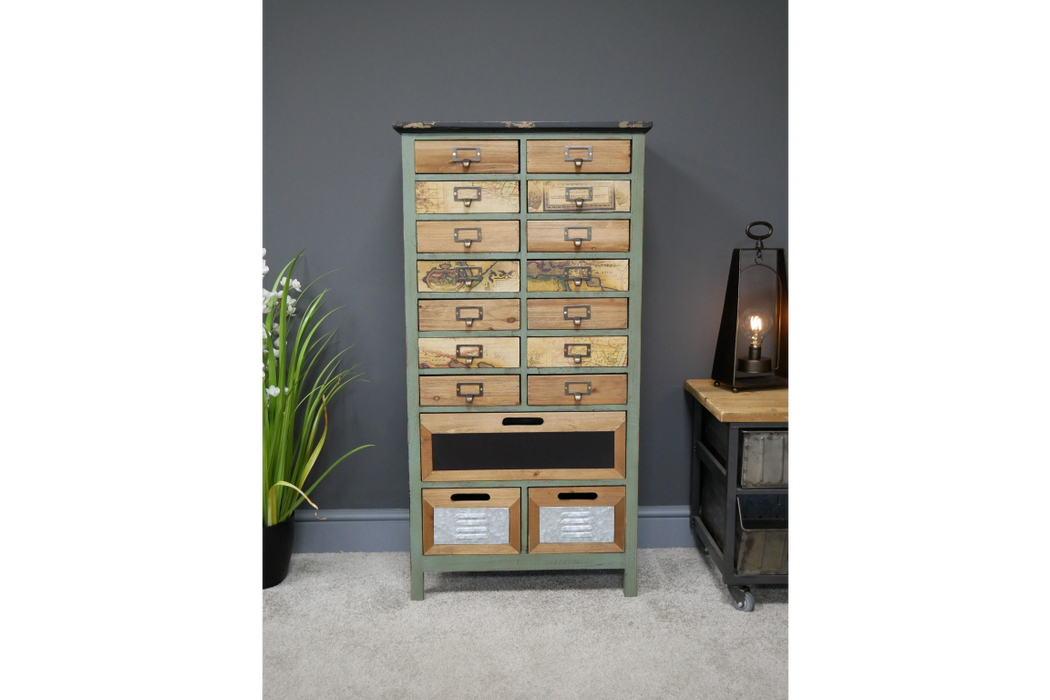 Distressed Wooden Floor Shelf, Multi Cabinet Drawer, Rectangular, Metal Frame, Natural