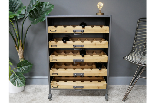 Industrial Wine Cabinet, Wooden Shelve, Grey Metal Frame - 90 x 64 x 35cm