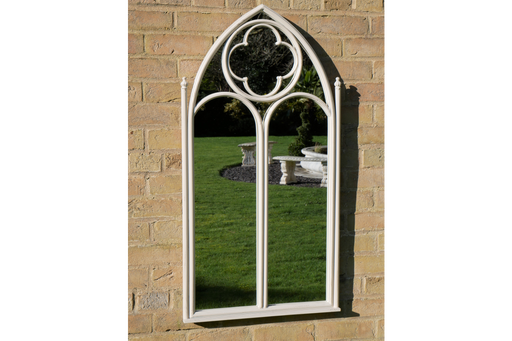 Indoor / Outdoor Aged White Metal Gothic Garden Mirror - 103 x 54 cm - Decor Interiors