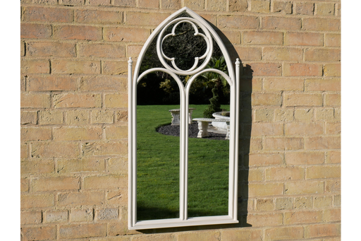 Indoor / Outdoor Aged White Metal Gothic Garden Mirror - 103 x 54 cm - Decor Interiors