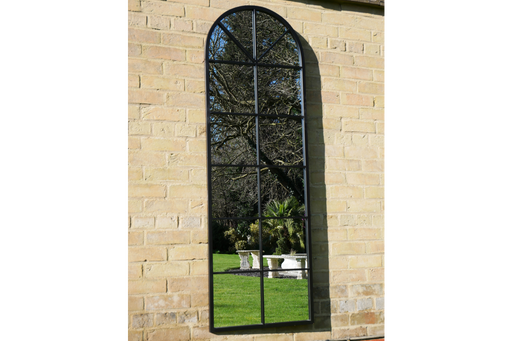 Indoor / Outdoor Curved Black Metal Window Garden Mirror - 165 x 55 cm - Decor Interiors