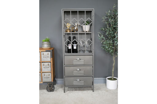 Rustic Rectangular Floor Shelf, Silver Metal Display Cabinet, 3 Drawers, 1 Metal Door