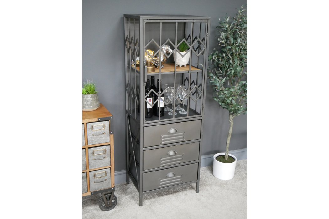 Rustic Rectangular Floor Shelf, Silver Metal Display Cabinet, 3 Drawers, 1 Metal Door