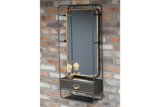 Metal Wall Mirror, Rectangular Frame, Black Gold, Drawer, Shelf 
