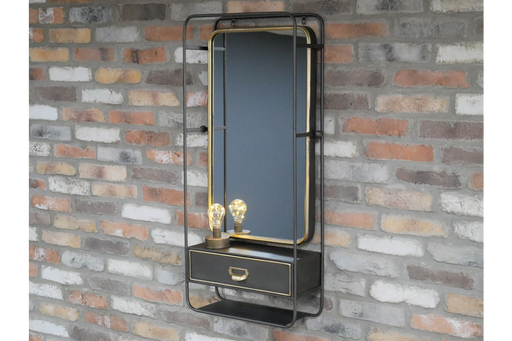 Metal Wall Mirror, Rectangular Frame, Black Gold, Drawer, Shelf 