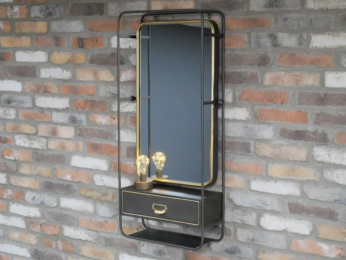 Metal Wall Mirror, Rectangular Frame, Black Gold, Drawer, Shelf