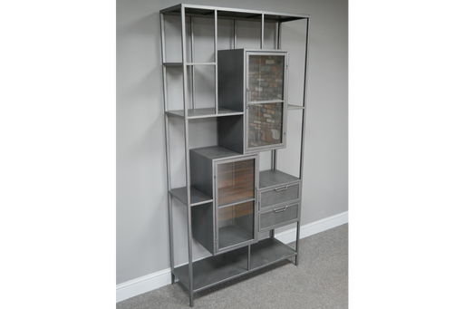 Large Rectangular Shelf Unit, Display Cabinet, Silver Metal Frame, Glass Door, 2 Drawers 