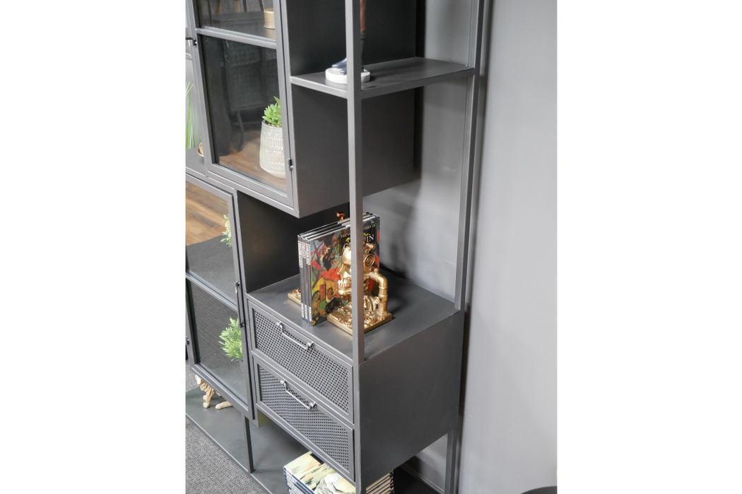 Large Rectangular Shelf Unit, Display Cabinet, Silver Metal Frame, Glass Door, 2 Drawers
