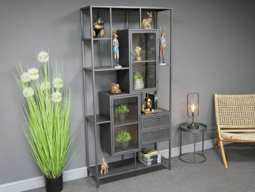 Large Rectangular Shelf Unit, Display Cabinet, Silver Metal Frame, Glass Door, 2 Drawers 