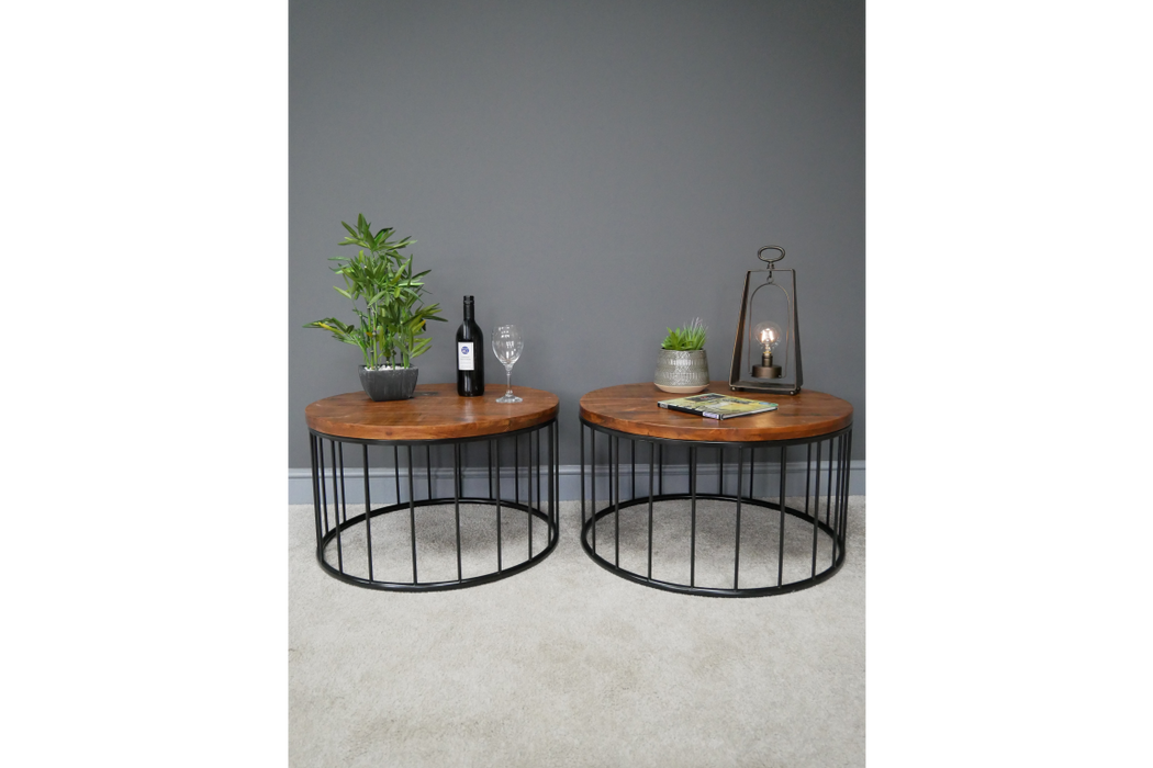Industrial Coffee Table, Round Wooden Top, Black Metal Frame, Set Of 2