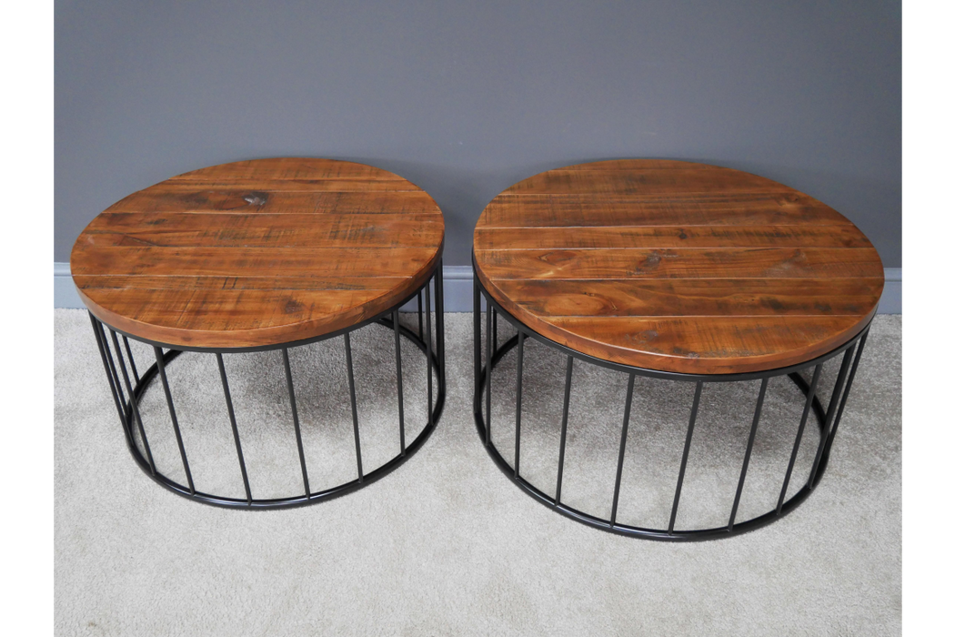 Industrial Coffee Table, Round Wooden Top, Black Metal Frame, Set Of 2