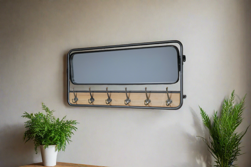 Industrial Metal Wall Mirror, Black Frame, Coat Hooks, 45 x 101 cm