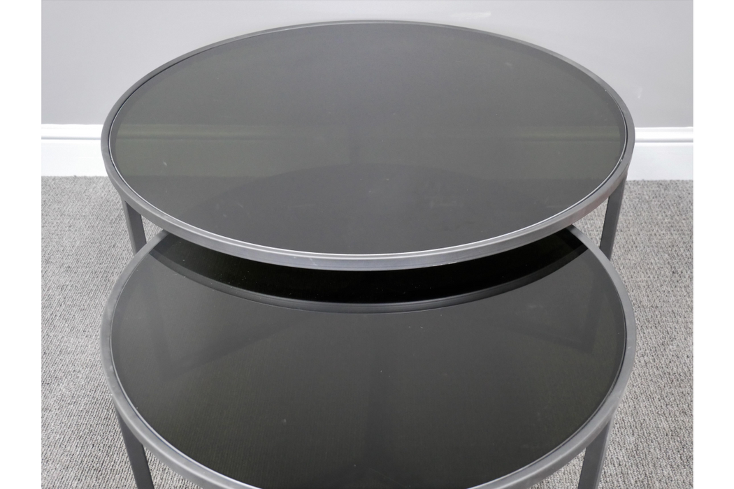 Coffee Tables, Black Metal Frame, Round Glass Top, Set Of Two