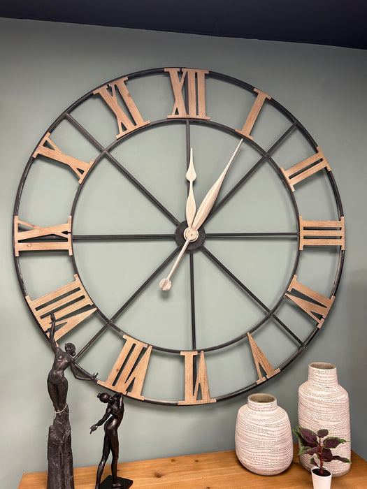 Holden Industrial Wall Clock, Round, Wood, Distressed Metal, XL