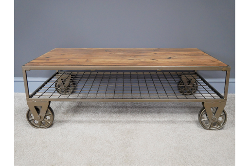 Industrial Coffee Table, Metal Frame, Natural Wooden Top, Metal Wheels 
