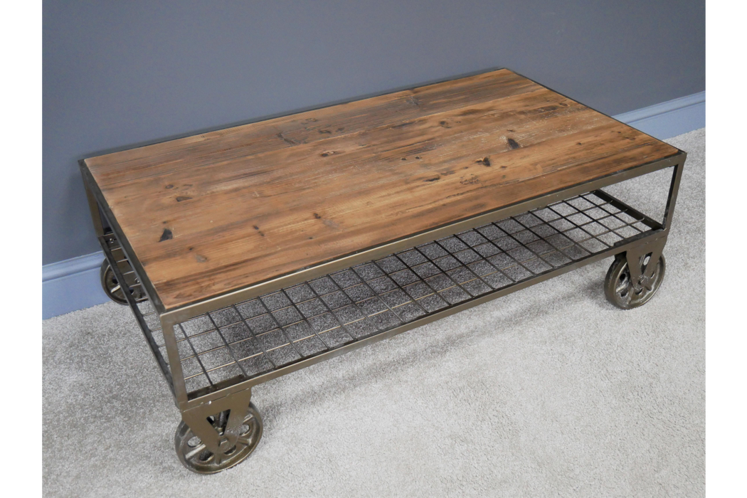 Industrial Coffee Table, Metal Frame, Natural Wooden Top, Metal Wheels