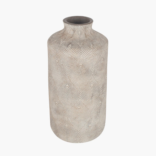 Decorative Stoneware Stem Vase, Stone Grey, Feather Detail