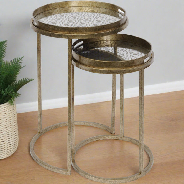 Olivia Nesting Tray Side Tables, Round, Aged Gold Metal, Diamond Design, Set Of 2