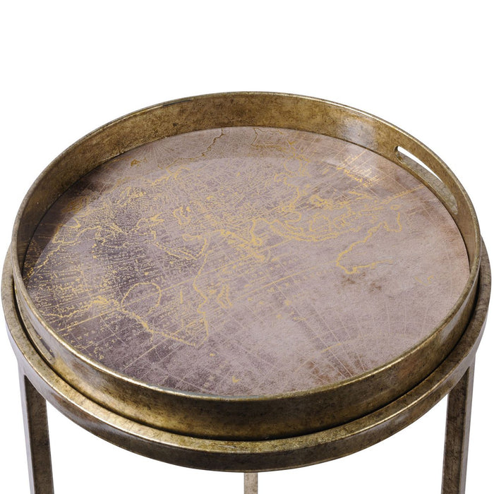 Side Tray Tables, Gold Metal Frame, Map Design, Round Top, Set Of 2