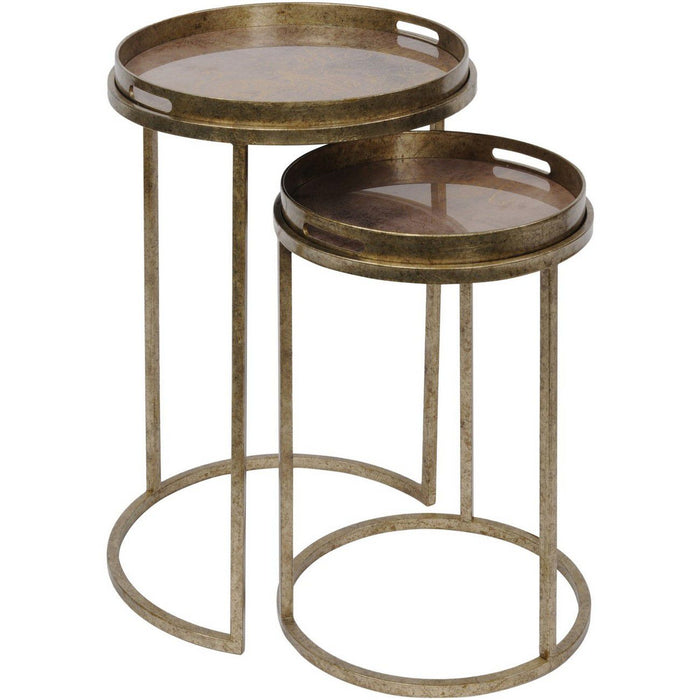 Side Tray Tables, Gold Metal Frame, Map Design, Round Top, Set Of 2