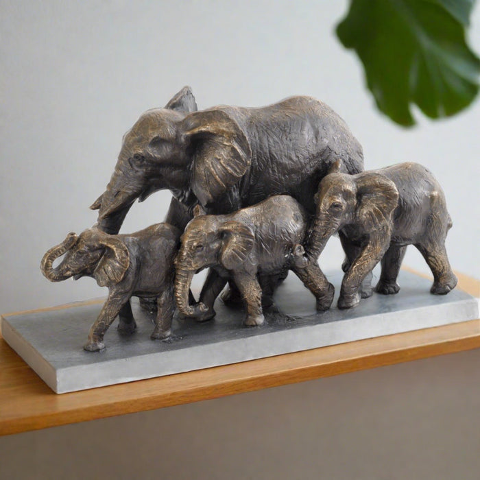 Denton Family Of Elephants Sculpture, Aged Bronze, Black Stone Base