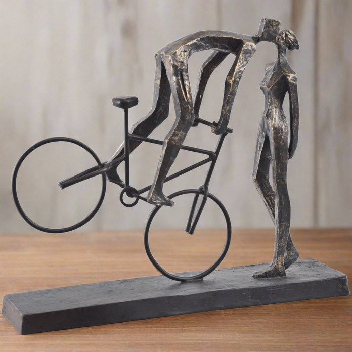 Denton Kissing Couple On Bike Sculpture, Aged Bronze