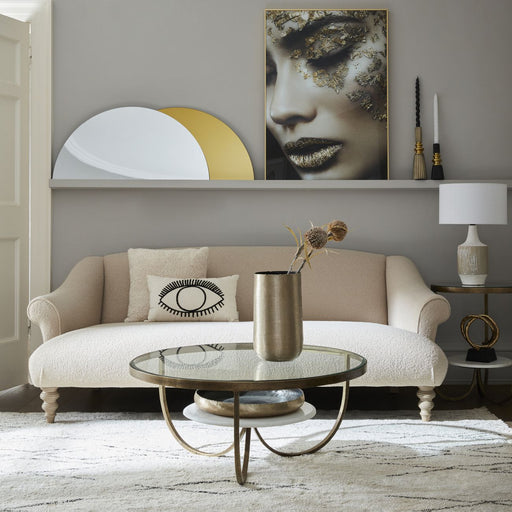 Léonie Coffee Table, White Marble Top, White Marble Shelf, Antique Gold Iron 