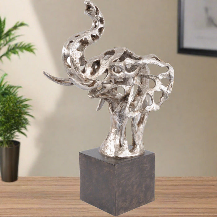Abstract Elephant Head Sculpture, Aged Silver