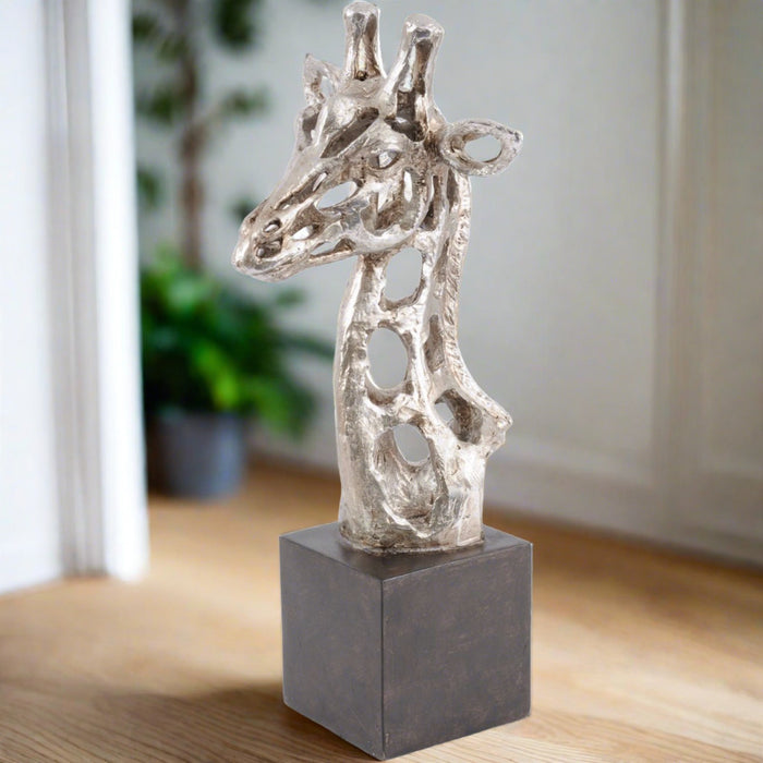 Abstract Giraffe Head Sculpture, Aged Silver