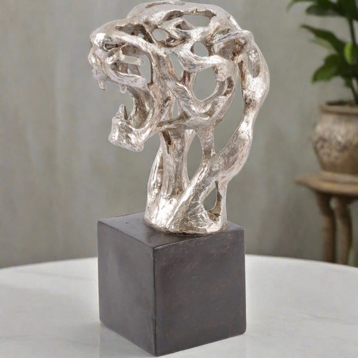 Abstract Tiger Head Sculpture, Aged Silver