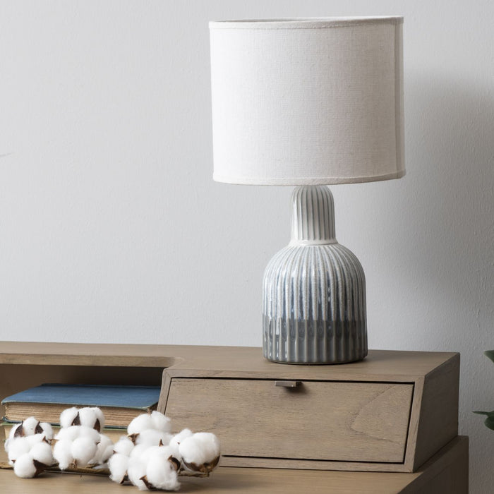 Grey Porcelain Lamp Small with Ribbed Detailing & White Shade