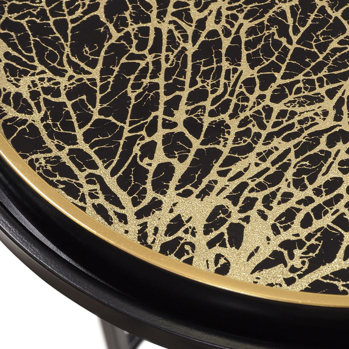 Verona Side Tray Tables, Coral Design, Black, Gold, Set of 2