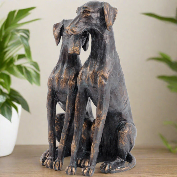 Male & Female Dog Sculpture, Aged bronze
