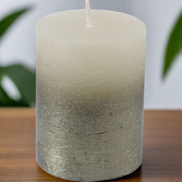 White Pillar Candle With Metallic Green Ombre 10 X 10cms