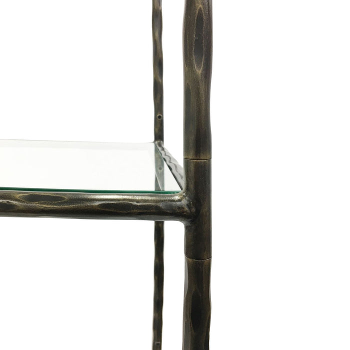 Léonie Floor Shelf Unit, Hand Forged, Rectangular, Dark Bronze Metal Frame, Glass Top Shelf