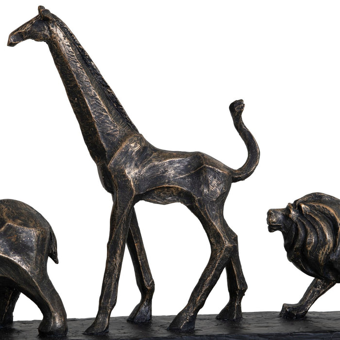 Denton Elephant, Lion, Giraffe Sculpture, Aged Bronze