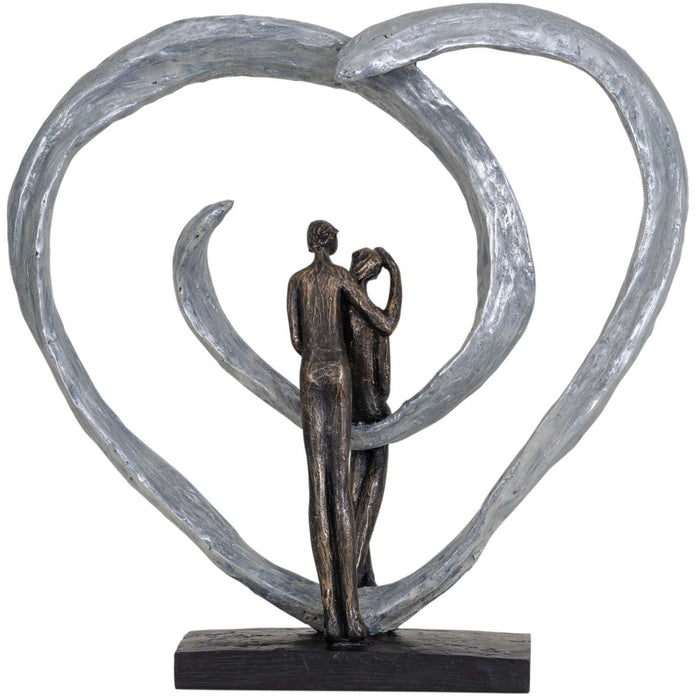Loving Couple Sculpture In Circular Heart, Aged Bronze, Silver