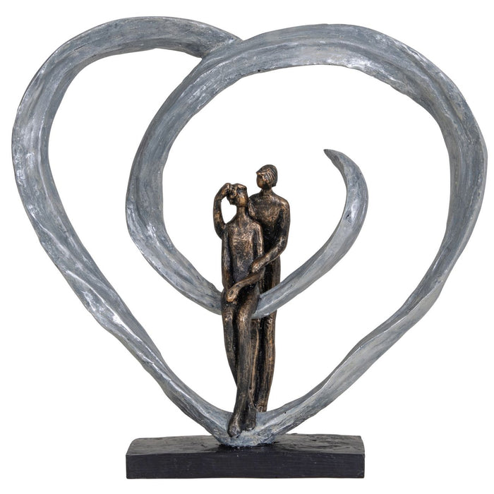 Loving Couple Sculpture In Circular Heart, Aged Bronze, Silver