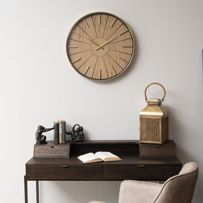 Healy Round Wall Clock, Natural Wood, Gold Metal