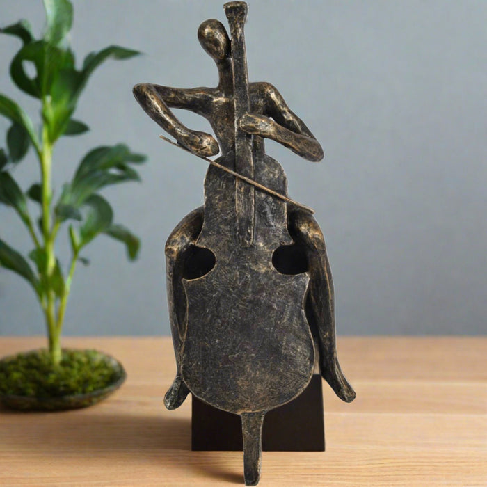 Cellist Playing Sculpture, Aged Bronze
