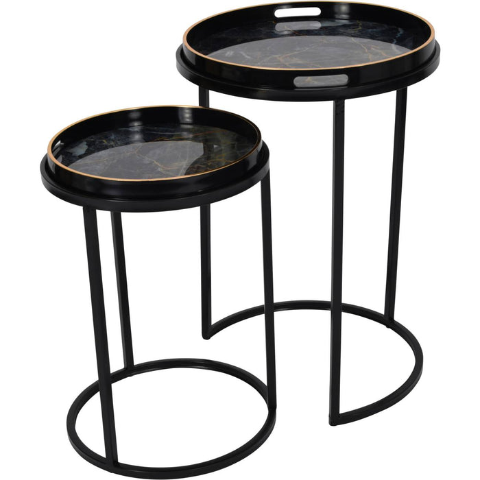 Frida Side Tray Tables, Black Metal Frame, Round Marble Top, Set of 2