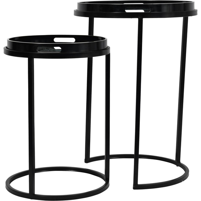 Monochrome Side Tray Tables, Metal Frame, Round Top, Set of 2