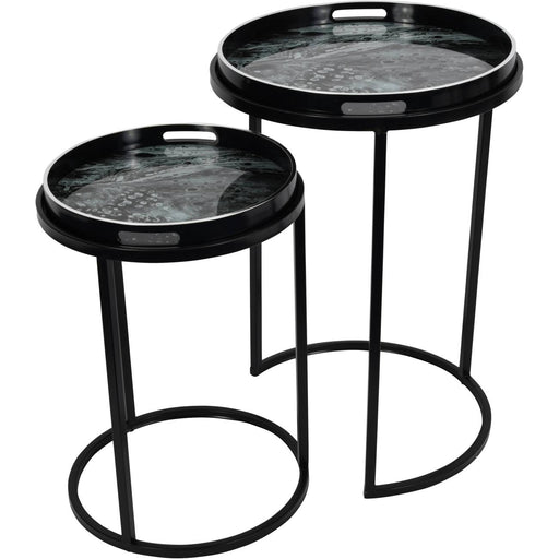Monochrome Side Tray Tables, Metal Frame, Round Top, Set of 2 
