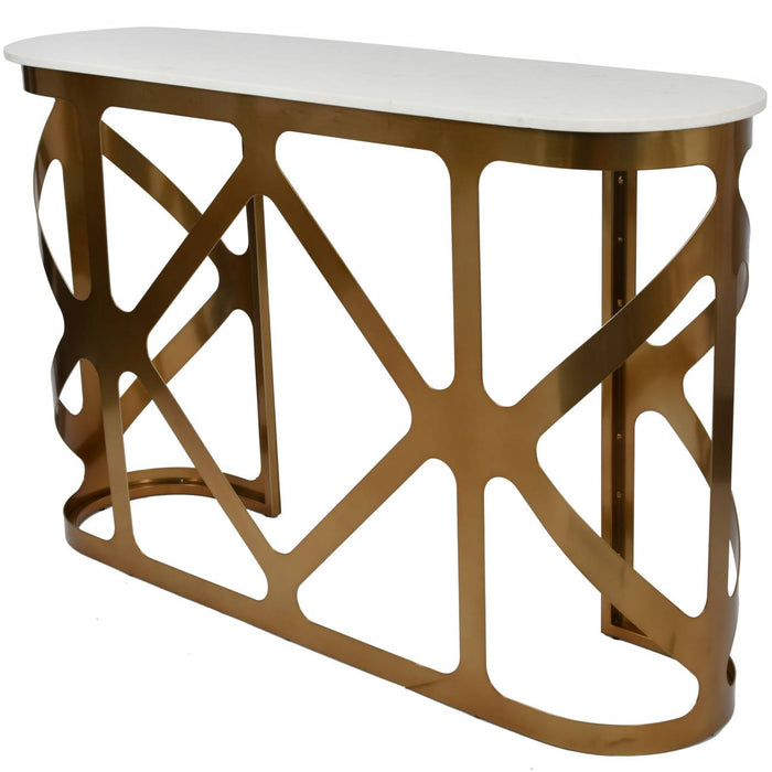 Mathilde Console Table, Satin Bronze, Metal Frame, Off-White Marble Top